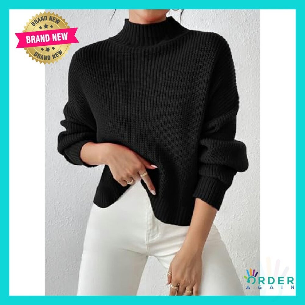 Cropped Mock Neck Sweater Ribbed Knit Pullover Loose Fit Y2K Chic - Picture 5 of 8